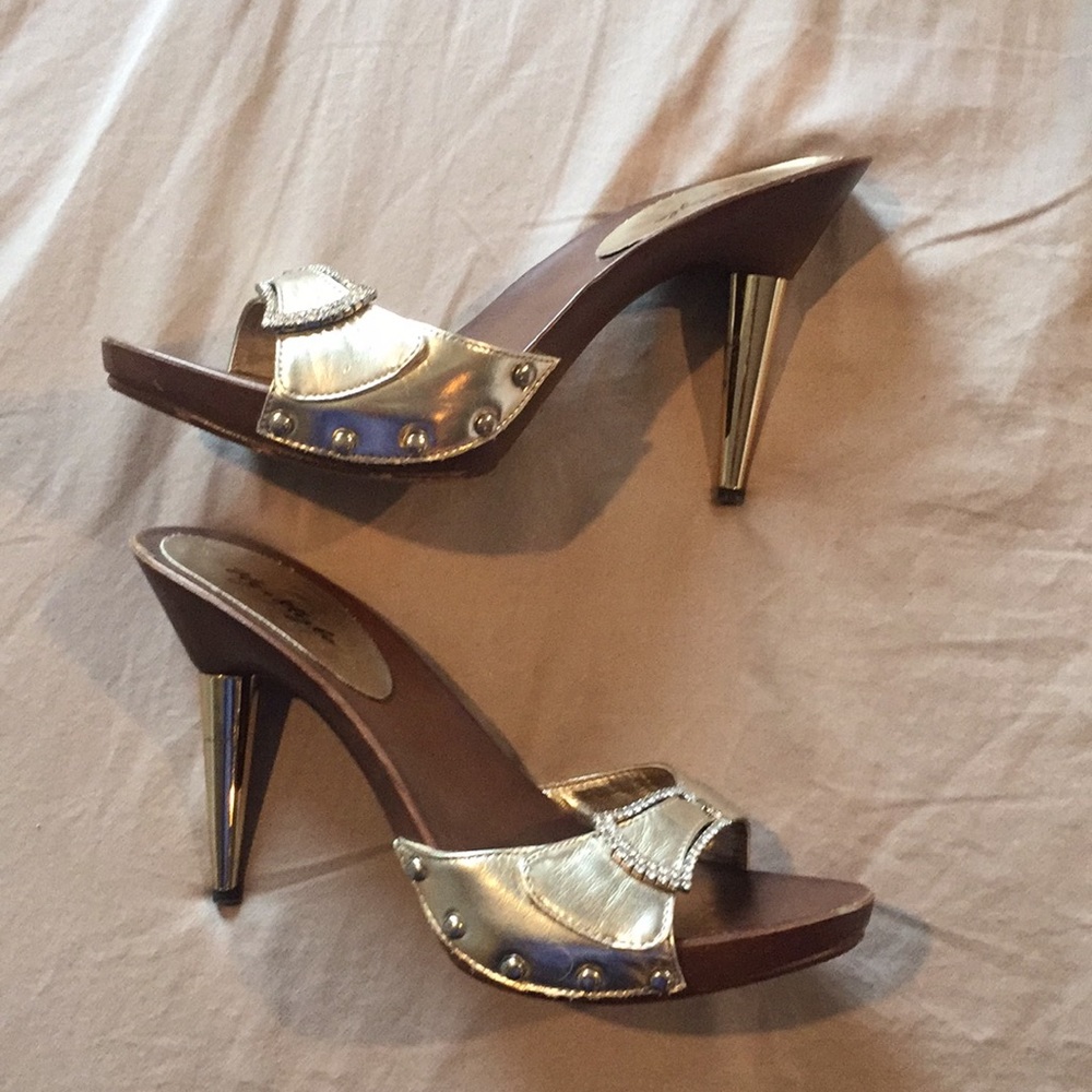 Gold mule stilettos with rhinestone buckle